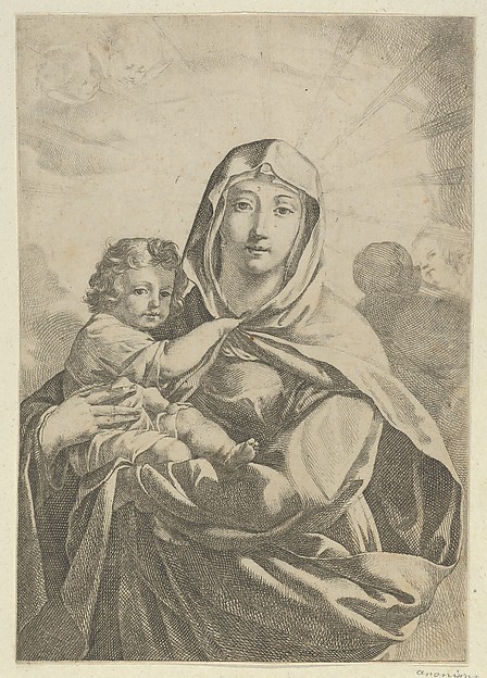 Anonymous, The Virgin standing facing front and holding the infant Christ, angels behind them in the clouds