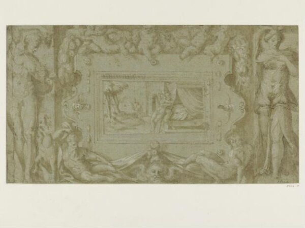 Unknown, Design for a frieze: a cartouche flanked by standing figures, with reclining figures below and playing boys above