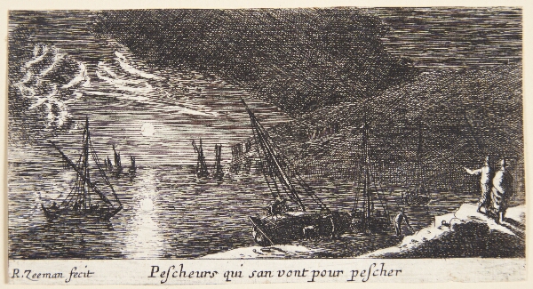 Reinier Zeeman, To færgebåde (steigerschuiten), i baggrunden et orlogsfartøj