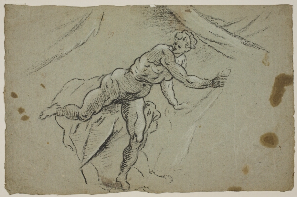 Domenico Tintoretto, Nøgen kvinde med et stykke stof i hænderne, der hastigt forlader et telt