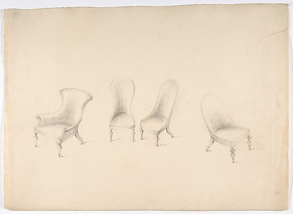 Anonymous, British, 19th century, Design for Four Uphostered Chairs on Casters, One with Arms