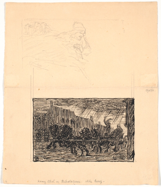 Niels Skovgaard, To illustrationsudkast til Sønderjyske Folkesagn, v. F.Ohrt. F.o. Hvor I mindst venter det og f.n. Kong Abel og rebslagerne