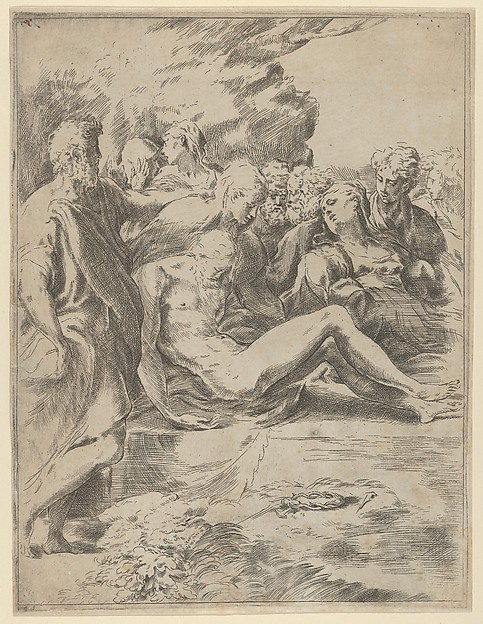 Guido Reni, The Entombment; Christ with legs outstretched, the Virgin at right