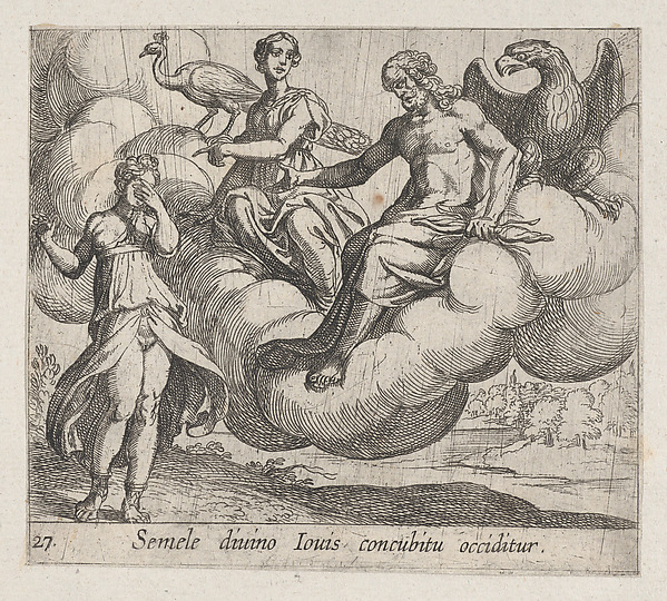 Antonio Tempesta, Plate 27: Semele's Wish (Semele divino Ious concubitu occiditur), from Ovid's 'Metamorphoses'