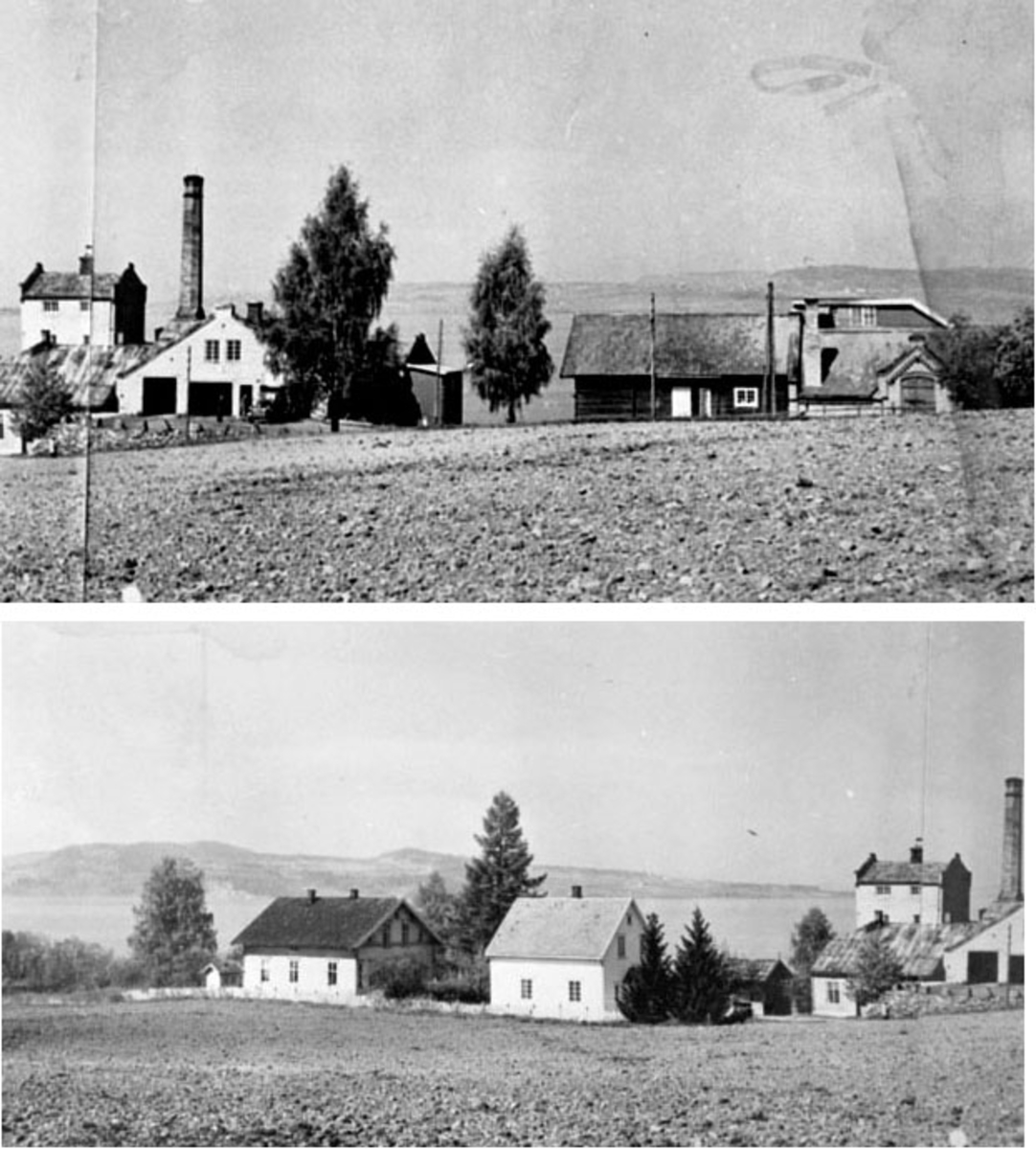 Anno Domkirkeodden, Atlungstad Brænderi, Stange brenneri. Anlegget med bolighus, Mjøsa og Helgøya i bakgrunnen.