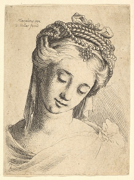 Wenceslaus Hollar, Bust of a young woman with elaborate headdress, looking down.