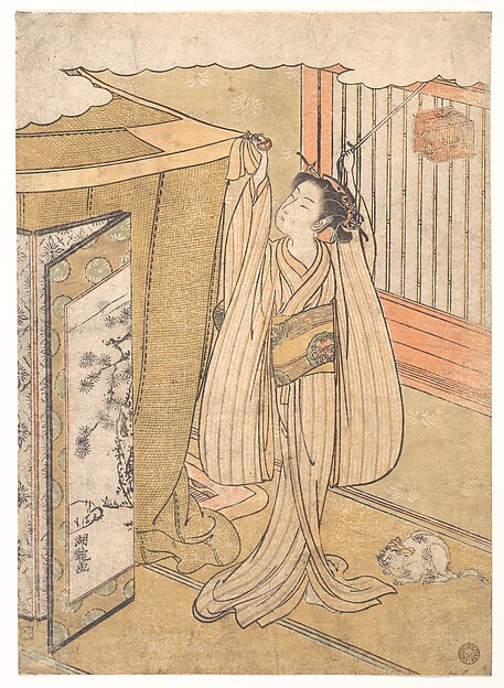Isoda Koryūsai, A Girl Hanging up a Mosquito Net Canopy over Her Bed.
