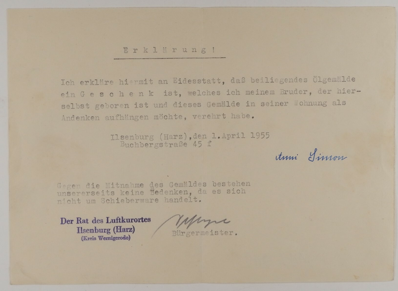 Rat des Luftkurorts Ilsenburg (Harz), Eidesstattliche Erklärung der Anni Simon über Verbleib ein Ölgemälde
