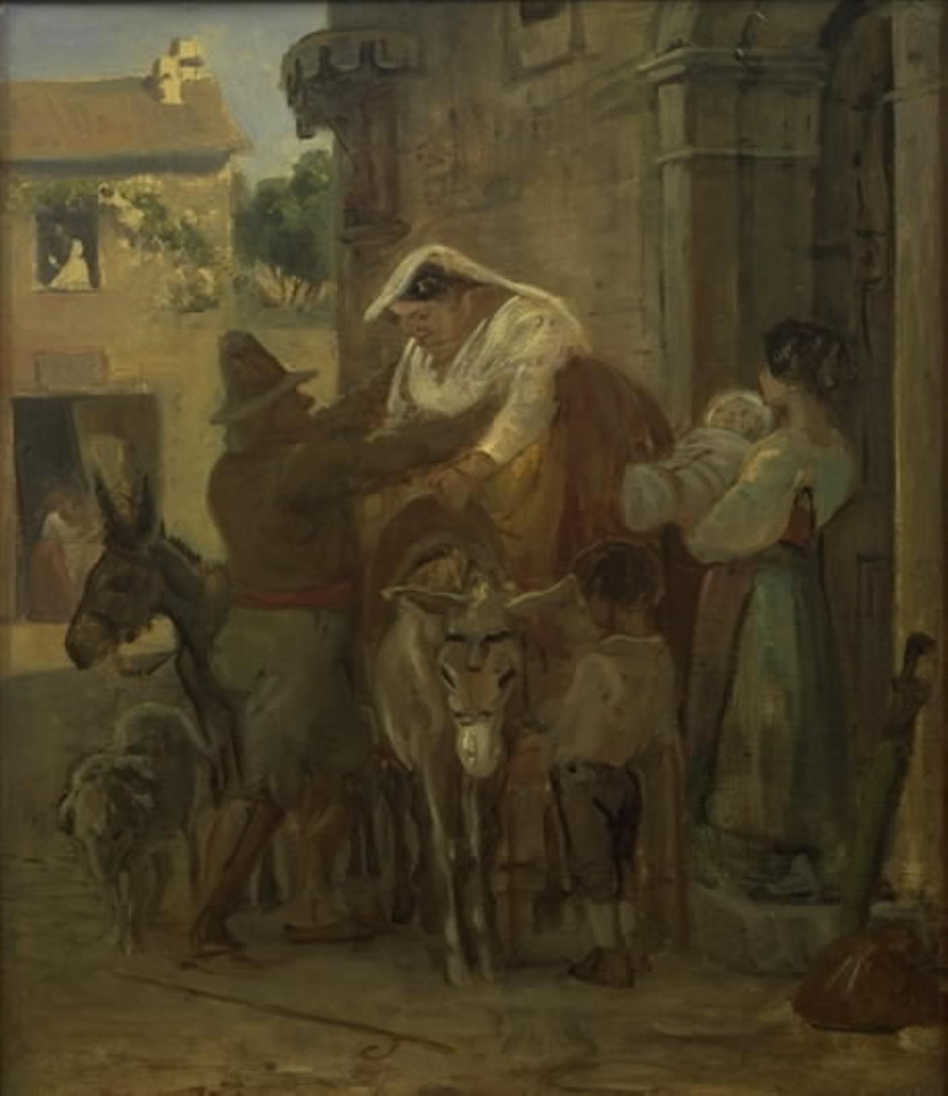 Wilhelm Marstrand, En tyk romerinde hjælpes op på æslet