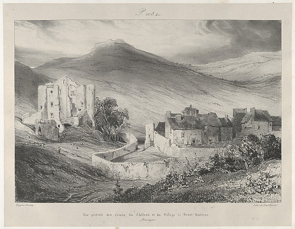 Eugène Isabey, General View of Castle Ruins and of The Village of Saint-Necataire