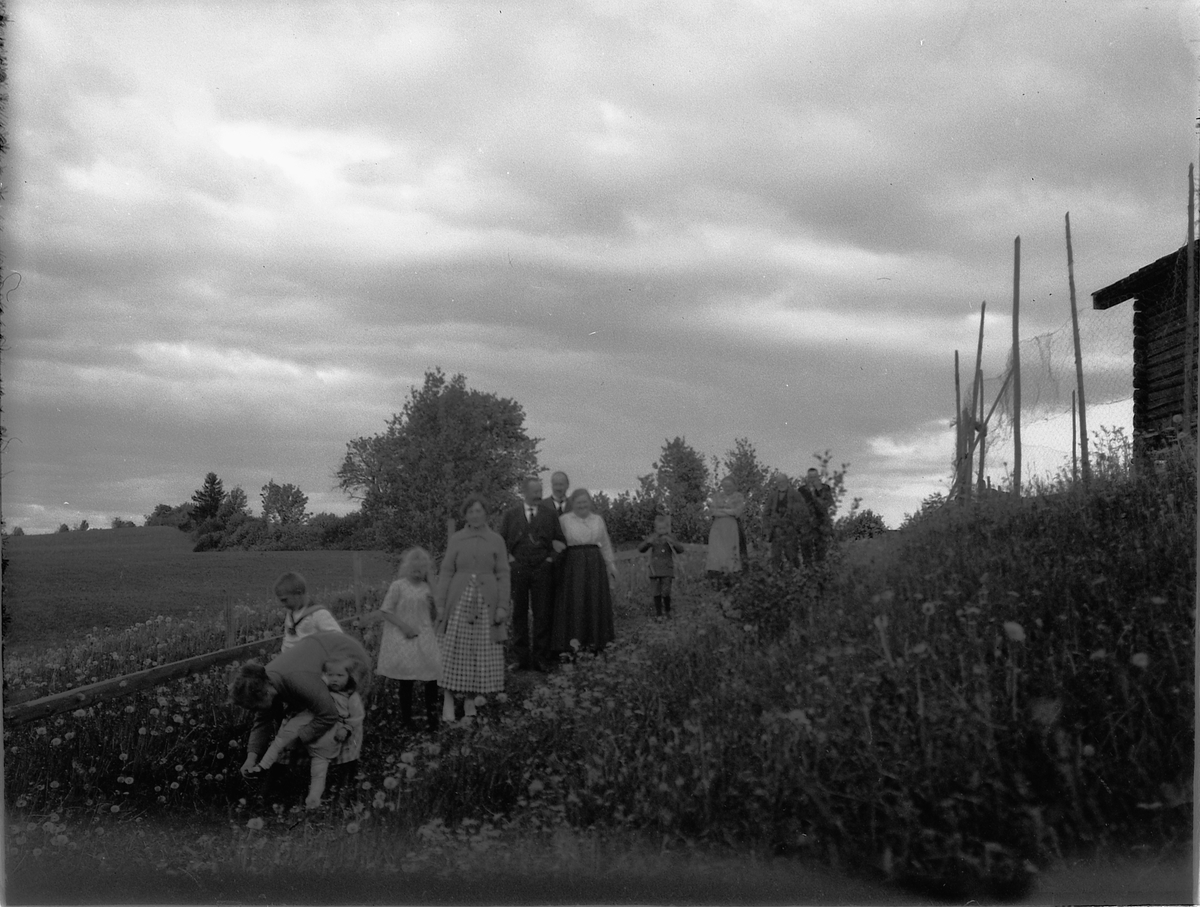 Ragnvald Andersen, Gruppe kvinner, menn og barn i ei blomstereng på Nyborg under Børstad i Hamar.