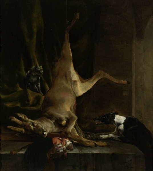 Jan Baptist Weenix, A Dog and a Cat near a partially disembowelled Deer