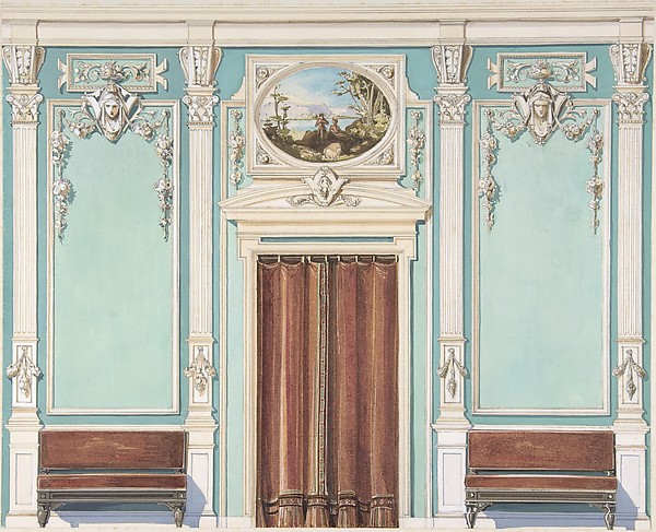 Anonymous, British, 19th century, Interior Design with a Central Door with Brown Curtains Flanked by Benches, against an Aquamarine Wall, with an Overdoor Painting