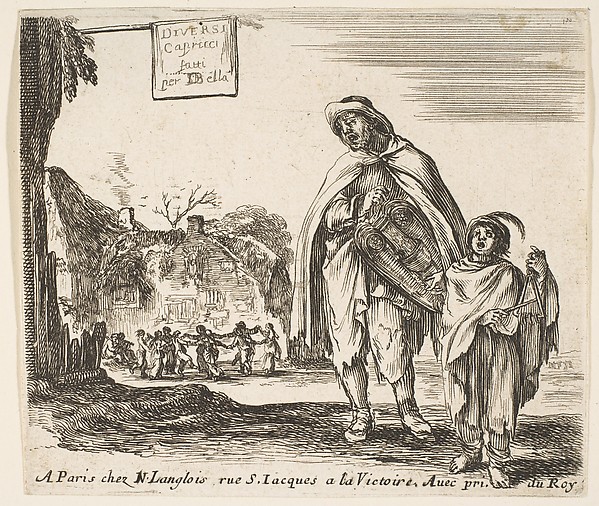 Stefano della Bella, A man sings and plays the hurdy gurdy, accompanied by a boy playing the triangle to right, a group of peasants dancing in a ring to left in background, plate 1 and title page for "Diversi capricci"