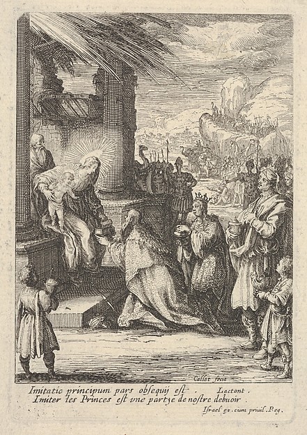 Jacques Callot, Adoration of the Magi, with Mary bracing Jesus with her right hand and reaching for a gift with her left