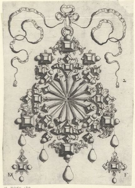 Mignot, Daniel, (active 1593-1596), (printmaker), Pendants in the form of wheels, stars and crosses: Large pendant with star at center