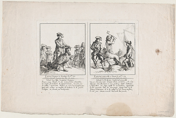 Anonymous, French, 18th century, Le Général Burgoyne à Saratoga, le 17 Octobre, 1777; and Le Général Cornwallis à Yorck, le 19 Octobre, 1781