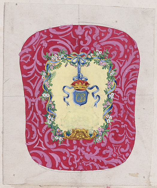 Anonymous, French, 19th century, Design for a Chair Back Cover with an Ornamental Frame Formed by a Garland of Leaves and Flowers with an Interlacing Ribbon that Forms a Bow from which a Crown Motif with a Monogram Hangs