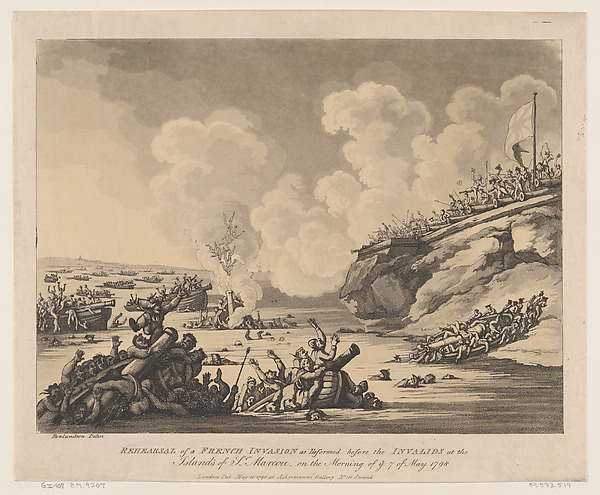 Thomas Rowlandson, Rehearsal of a French Invasion as Performed before the Invalids at the Islands of St Marcou on the Morning of the 7th of May 1798