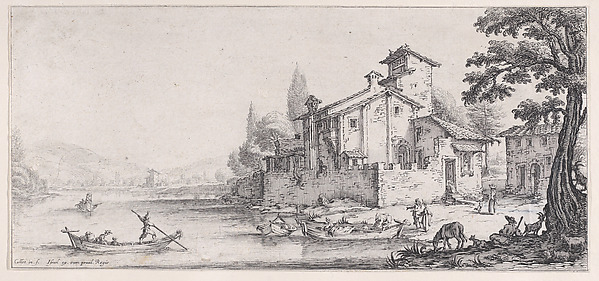 Jacques Callot, La Promenade sur L'Eau (The Walk by the Water), from "Paysages Gravés pour Jean de Médicis appelées aussi Paysages Dessinés a Florence, Vues de Florence, Paysages d'Italie, et Paysages Définitifs" (Landscapes Engraved for Giovanni de'Medici, Landscapes Designed in Florence, Views of Florence, Lands…