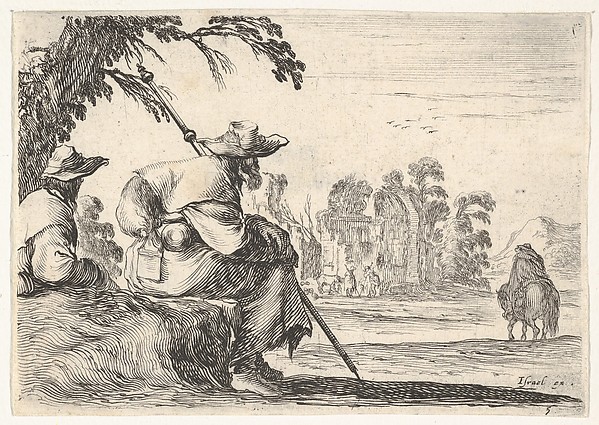 Stefano della Bella, Plate 5: two pilgrims with hats rest to the left, seen from behind, a horseman rides towards the background to the right, from "Various Figures" (Agréable diversité de figures)