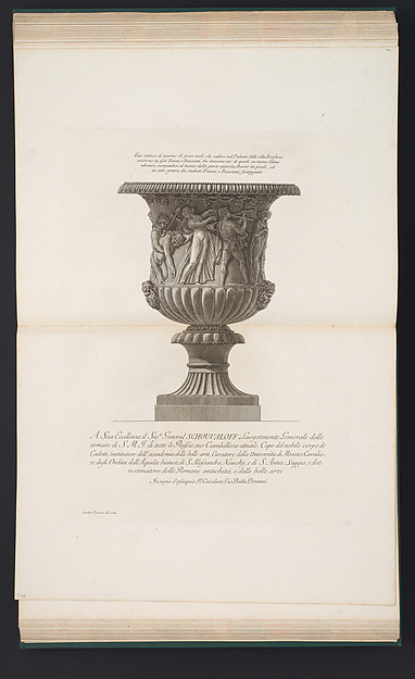 Giovanni Battista Piranesi, Vase decorated with a Bacchanalian frieze, from "Vasi, candelabri, cippi, sarcofagi, tripodi, lucerne, ed ornamenti antichi disegnati ed incisi dal Cav. Gio. Batt. Piranesi, Vol. II" (Vases, candelabra, grave stones, sarcophagi, tripods, lamps, and ornaments designed and etched by Cavalieri Giovann…