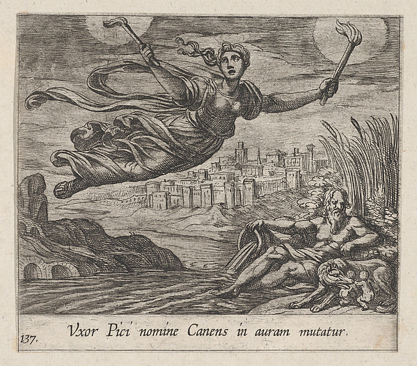Antonio Tempesta, Plate 137: Canens Searching for Pics (Uxor Pici nomine Canens in auram mutatur), from Ovid's 'Metamorphoses'
