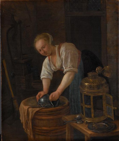 Jan Havicksz. Steen, Woman scouring metalware