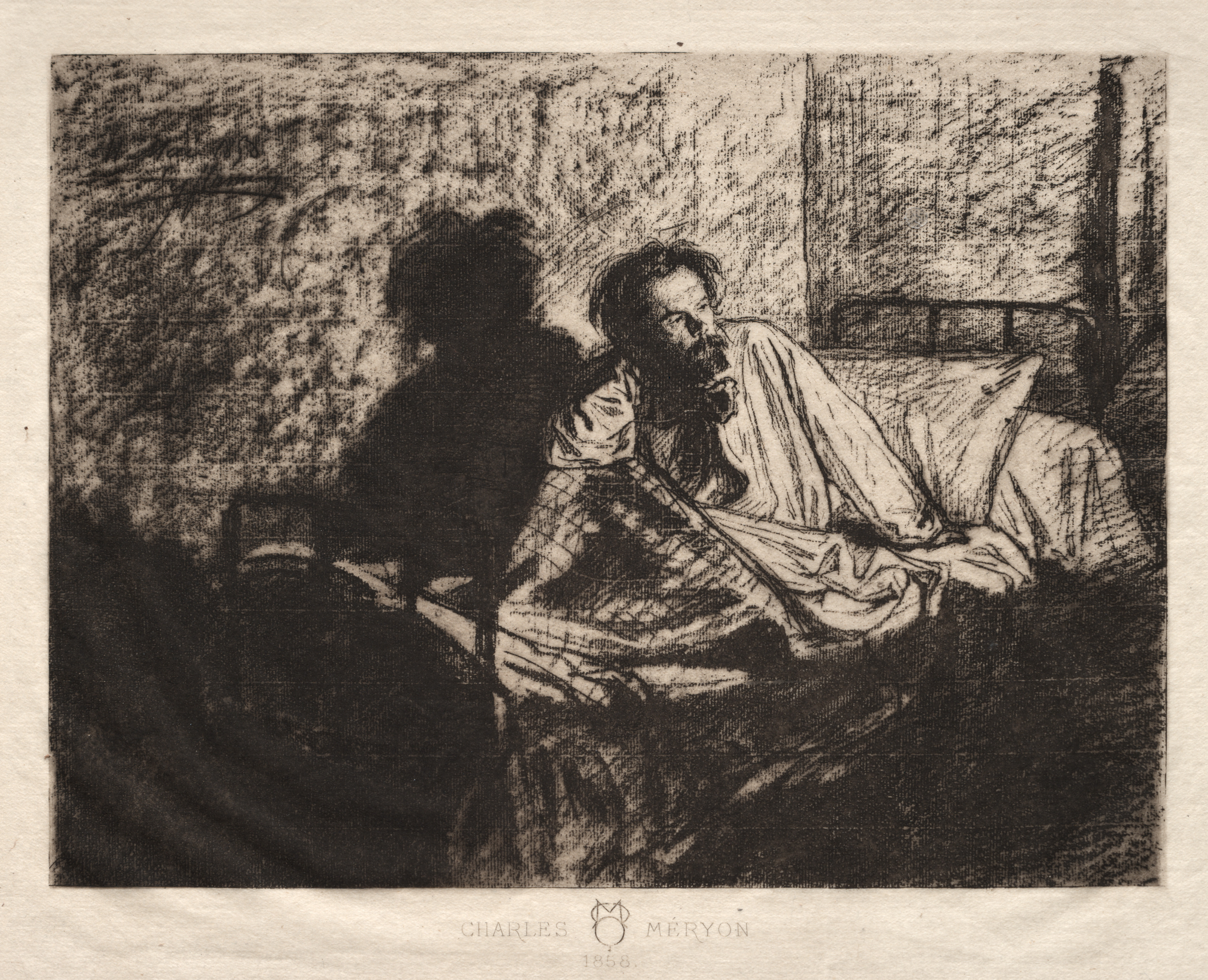 Léopold Flameng, Portrait of Meryon Sitting Up in Bed