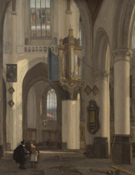 Emanuel de Witte, Interior of a Protestant Gothic Church with Motifs from the Oude and Nieuwe Kerk in Amsterdam