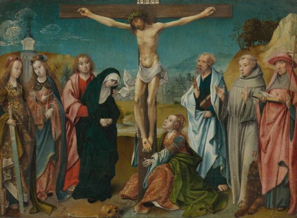 Cornelis Engebrechtsz, Christ on the Cross, with Mary, John, Mary Magdalene and Sts Cecilia and Barbara (left) and Peter, Francis and Jerome (right)