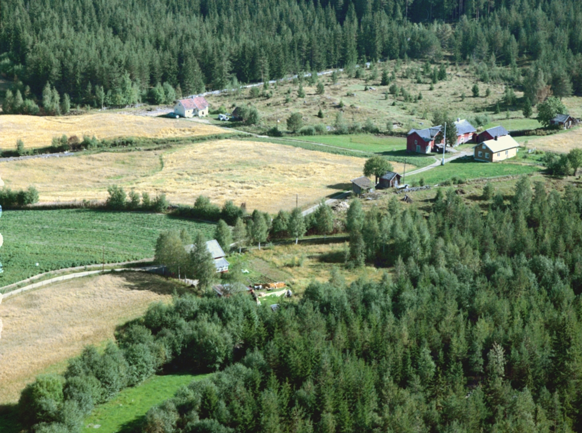 Widerøes Flyveselskap A/S, Flyfoto, Løten. Nygård (Gnr 0415-227/7) på Ådalsbruk (Soplimkroken 343) nær høyre kant av bildet. I sentrum av bildet sees Nyvang (Gnr 0415-227/18, Soplimekroken 339). Lengst bak (mot granskogen) ligger Soplimkroken 345 (hvitt hus med rødt tak).