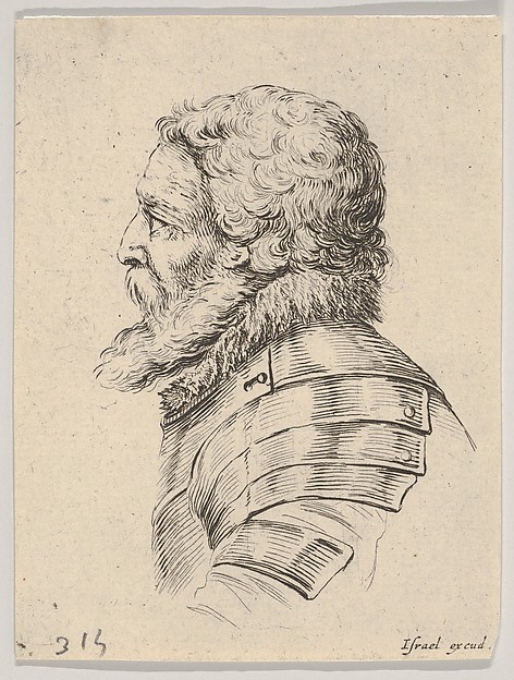 Stefano della Bella, Plate 7: bust of a bearded soldier wearing armor, facing left in profile, from "Various heads and figures" (Diverses têtes et figures)