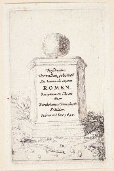 Bartholomeus Breenbergh, Sokkel med en kugle. Titelblad til "Romerske ruiner"