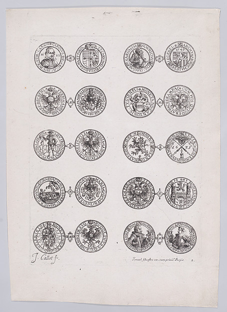 Jacques Callot, 2nd Plate, Featuring 10 Coins Issued by European Princes in the 16th and 17th centuries, from Les Monnaies (The Currencies)