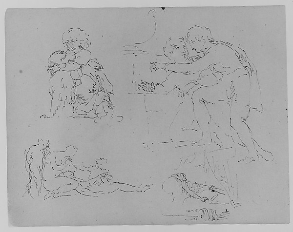 Thomas Sully, Child with Dog; Two Figures in Encounter; Two Figures and Child Attending to Dying Male [?]; Figure on Deathbed (from Sketchbook)