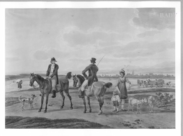 Wilhelm von Kobell, Zwei Reiter und Bauernmädchen mit Ziegen in einer Landschaft
