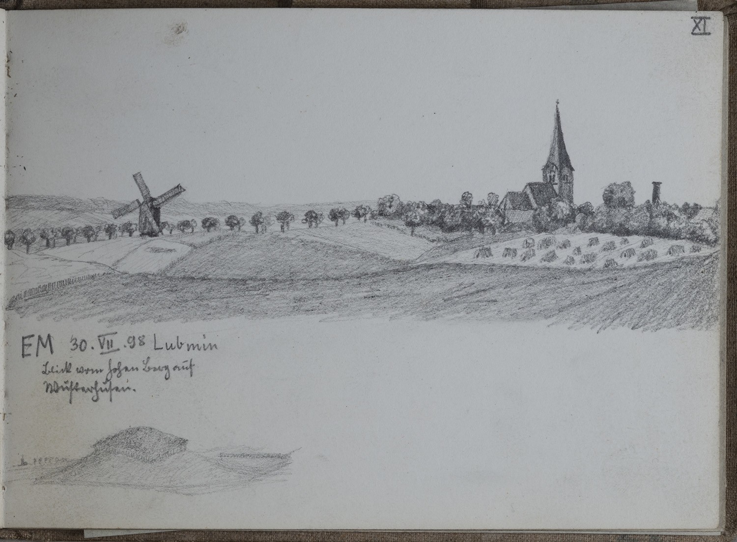 Ernst Morgenstern, Wusterhusen (Kr. Greifswald): Dorf aus der Ferne (Skizzenbuch Ernst Morgenstern, Bl. XI)