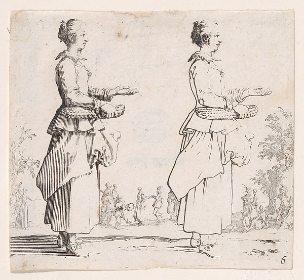 Jacques Callot, La Paysanne Tournée a Droite et Tenant un Panier (The Peasant Woman Turned to the Right and Holding a Basket), plate 6 from "Varie Figure" (Various Figures)