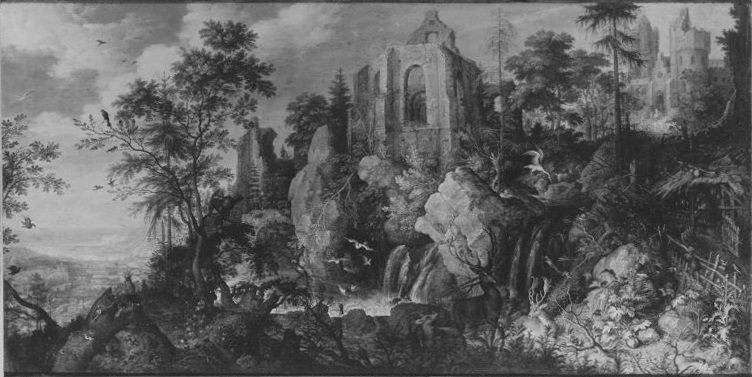 Roelant Savery, Landscape with a ruined church by a waterfall