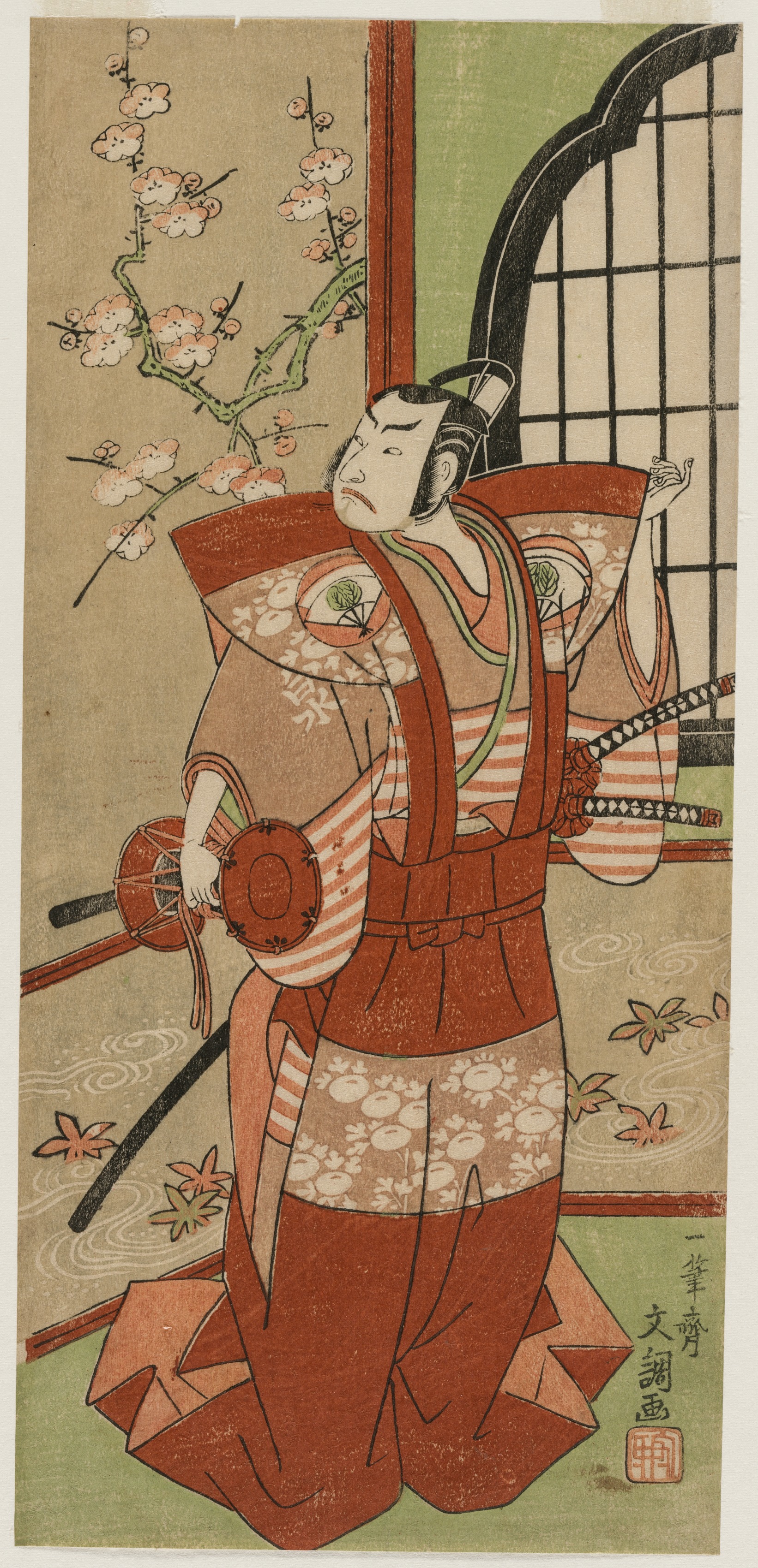 Ippitsusai Bunchō, Onoe Kikugorō I as Izumi no Saburō in the Play Snowflakes: Plum Blossoms Kaomise