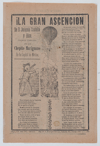 José Guadalupe Posada, Broadsheet relating to the adventures of Don Joaquin Cantolla y Rico who travels in a hot air balloon, crowd of people watching him ascend