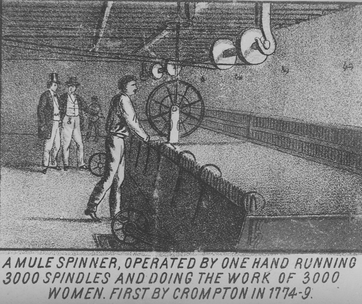 Anders Beer Wilse, Konv: Knud Graah tekst på bildet: A mule spinner, operated by one hand running 3000 spindles and doing the work og 3000 women. First by crompton in 1774-9.