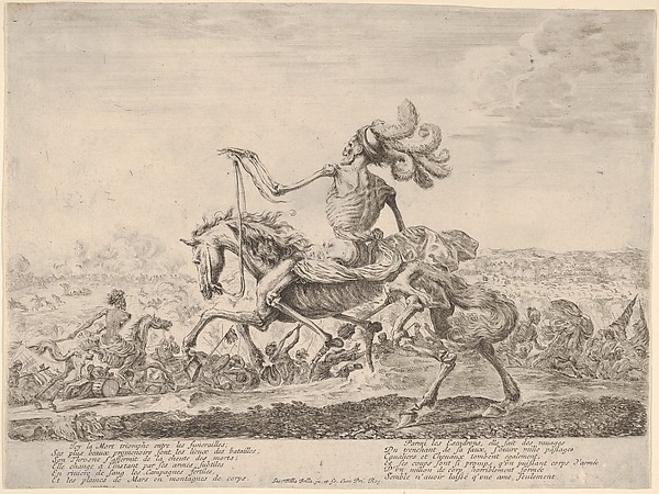 Stefano della Bella, Death on a battlefield, atop a horse riding towards the left, wearing a hat with many feathers, other figures of Death battling to left and right in the background