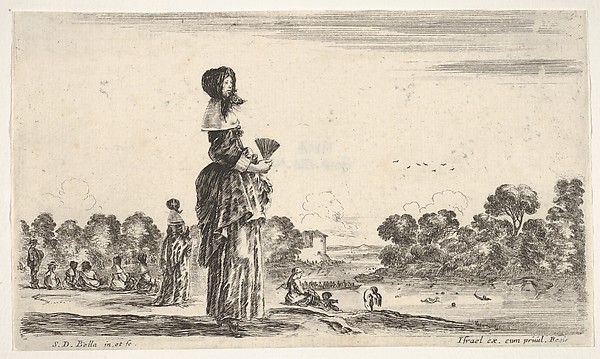 Stefano della Bella, A lady standing in center holding a fan watching the bathers in the river to right, other ladies and men watching bathers to left in the background, from "Various figures and lands" (Diverse figure e paesi)