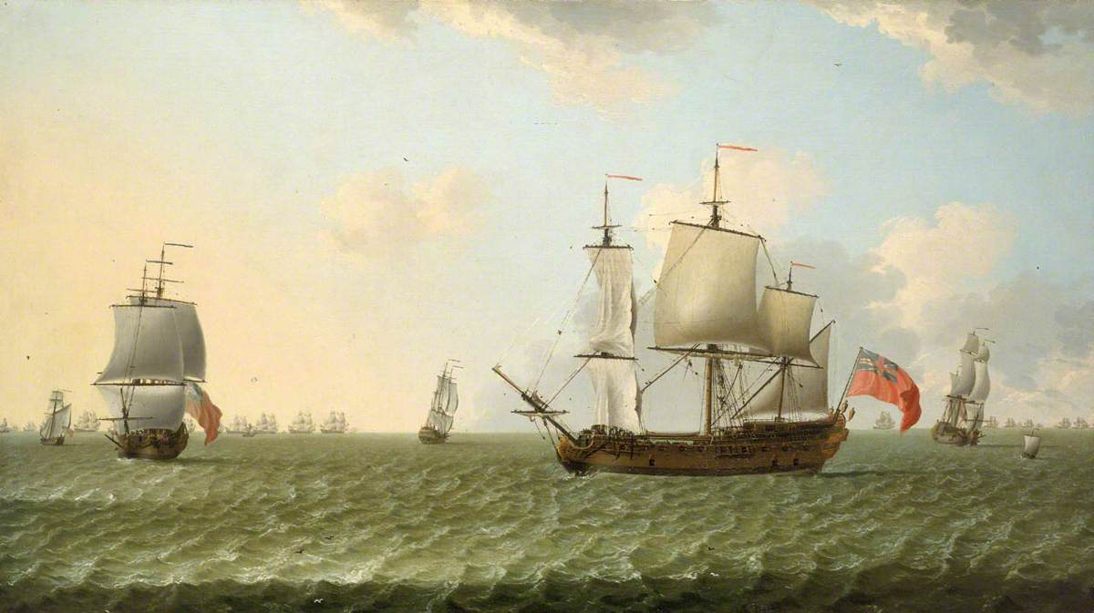 Francis Swaine, An East Indiaman in stays, with a fleet chase beyond