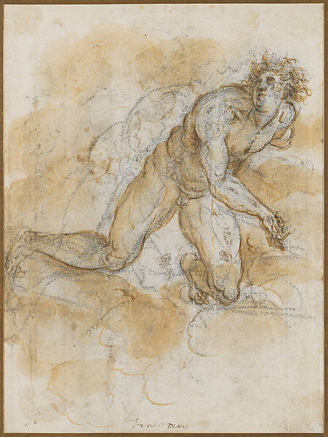 Francesco Maffei, Studies of a kneeling man (recto); Study of a standing man at right, and small scene of a kneeling figure in an interior, probably the Virgin in the Annunciation (verso)