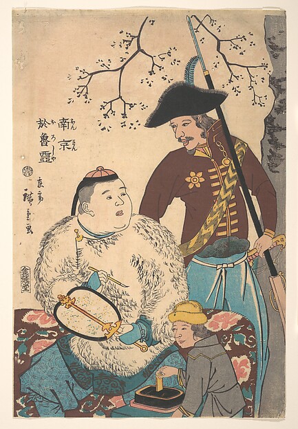 Utagawa Hiroshige II, Russians and a Chinese Inscribing a Fan