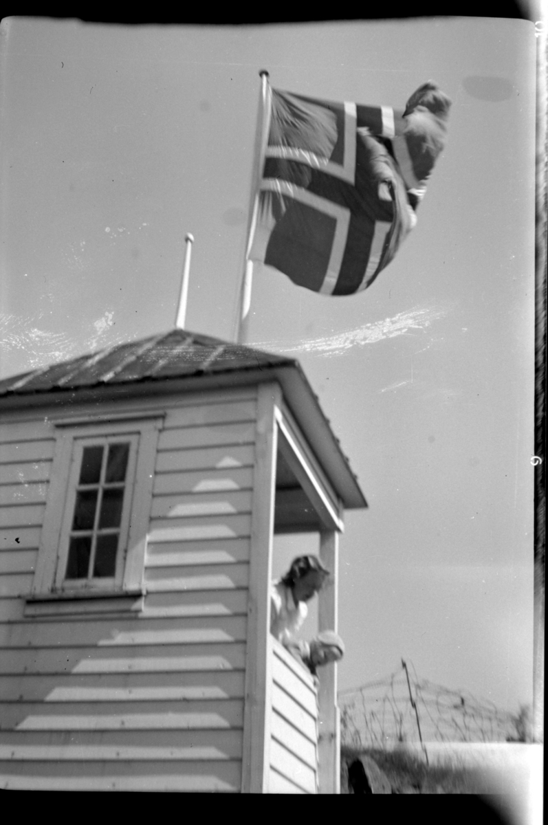 Rolf Sr. Sundt, Ingeborg Sundt og hennes sønn Bjørn står i Agnes Sundts lysthus i Loshavn. Fotografert mai 1953.