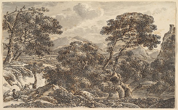 Ferdinand Kobell, Southern Landscape with Resting Wayfarers at a River